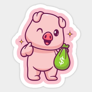 Cute Pig Holding Money Bag With Thumb Up Cartoon Sticker